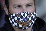 E.J. Falk, of Detroit, wears a face covering at the Indianapolis 500 auto race at Indianapolis Motor Speedway in Indianapolis, Sunday, May 30, 2021. (AP Photo/Paul Sancya)