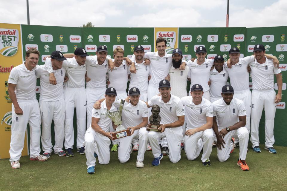 <p>Often questioned, Cook’s captaincy was praised as England secured a famous series victory in South Africa. Pictured here with the entire squad. (Getty Images) </p>