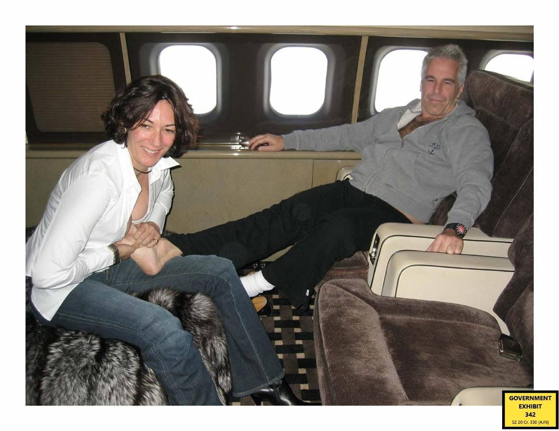 A photograph of Ghislaine Maxwell giving Jeffrey Epstein a foot massage on his plane was introduced as evidence at Maxwell’s trial on sex trafficking charges.
