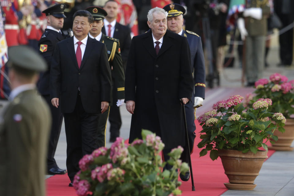 FILE - In this Tuesday, March 29, 2016 file photo, Czech Republic's President Milos Zeman, right, welcomes his Chinese counterpart Xi Jinping, left, at the Prague Castle in Prague, Czech Republic. Wednesday, March 8, 2023 marks the final day in office of outgoing Czech President Milos Zeman, with his opponents planning to celebrate. Zeman has polarized the Czechs during his two five-year terms in the normally largely ceremonial post with his support for closer ties with China and by being a leading pro-Russian voice in European Union politics. (AP Photo/Petr David Josek/File)