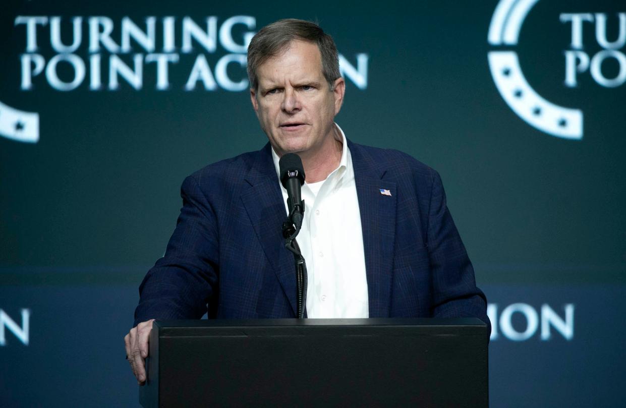 Michael McGuire, a Republican candidate for U.S. Senate, speaks during the Turning Point Action event at the Arizona Federal Theatre in Phoenix on July 24, 2021.