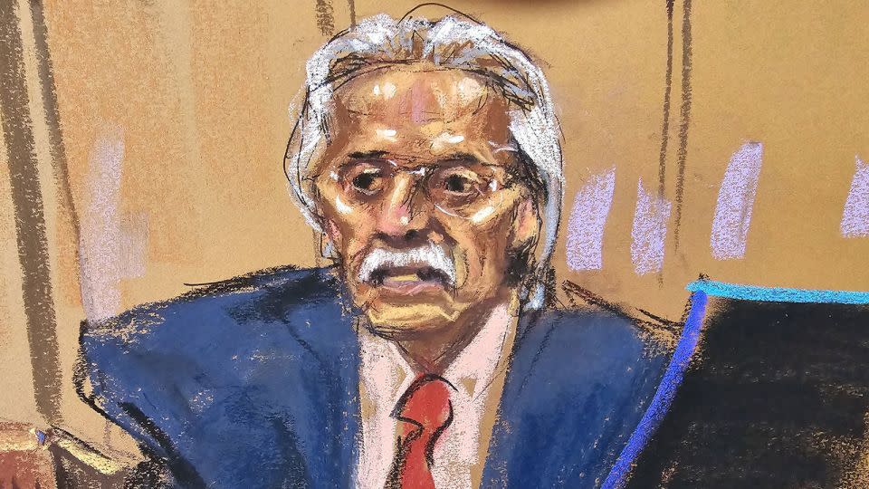 In this court sketch, "tabloid king" David Pecker testifies in Manhattan criminal court on April 25, 2024. - Jane Rosenberg