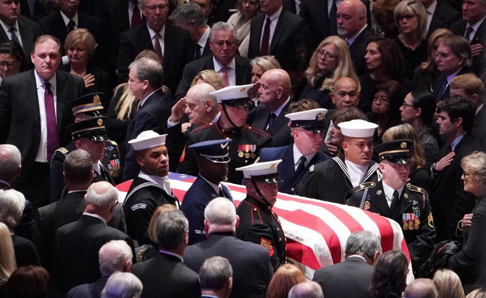 <p>The remains of former US President George H. W. Bush arrive at the National Cathedral.</p>