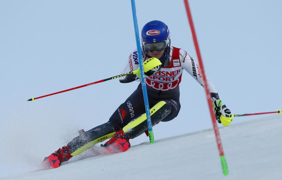 United States's Mikaela Shiffrin competes during the first run of an alpine ski, women's World Cup slalom, in Levi, Finland, Saturday, Nov. 17, 2018. (AP Photo/Gabriele Facciotti)