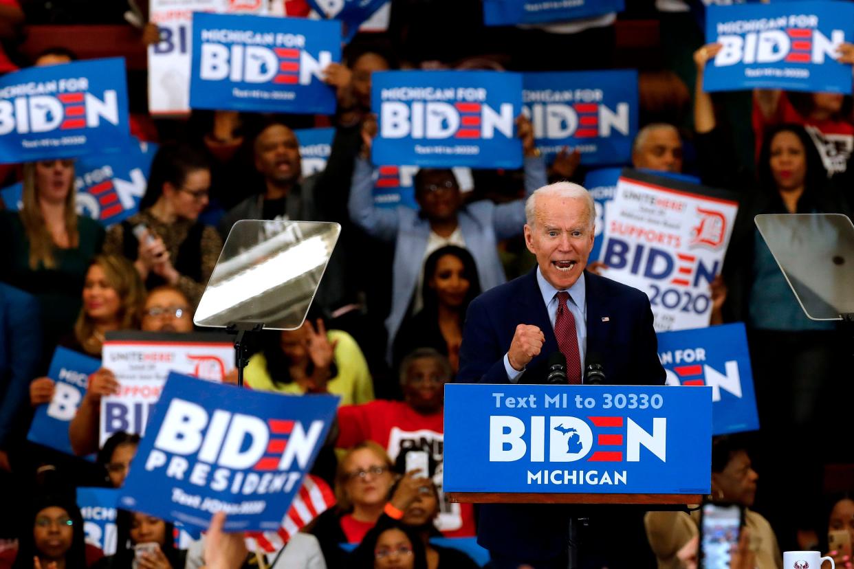 In this photo taken on March 09, 2020 when he was a Democratic presidential candidate, Joe Biden speaks during a campaign rally at Renaissance High School in Detroit, Michigan.