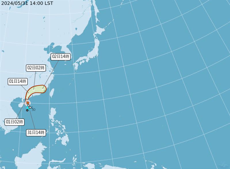 氣象粉專預測馬力斯2日會從福建出海。（圖／翻攝自中央氣象署）