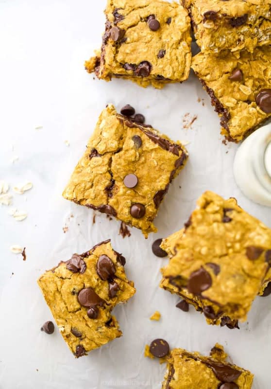 <p>Joyful Healthy Eats</p><p>These oatmeal chocolate chip pumpkin bars are made with gluten-free oats and flour, pumpkin puree, maple syrup and chocolate for the ultimate touch. </p><p><strong>Get the recipe: <em><a href="https://www.joyfulhealthyeats.com/oatmeal-chocolate-chip-pumpkin-bars/" rel="nofollow noopener" target="_blank" data-ylk="slk:Oatmeal Chocolate Chip Pumpkin Bars;elm:context_link;itc:0;sec:content-canvas" class="link ">Oatmeal Chocolate Chip Pumpkin Bars</a> </em></strong></p>
