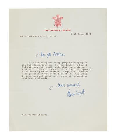 <p>Sotheby's</p> A letter from Buckingham Palace to Joanna Osborne of Warm & Wonderful coordinating the sweater swap for Princess Diana.