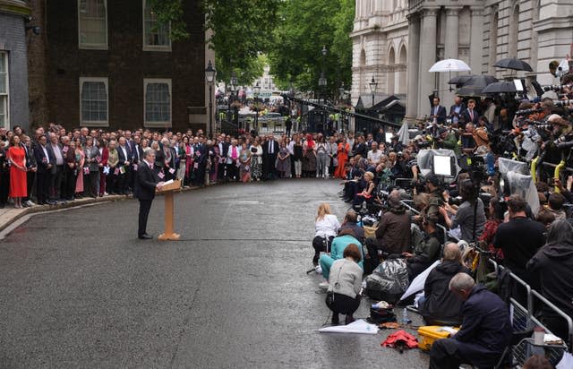 Newly elected Prime Minister Sir Keir Starmer speaking outside No 10 Downing Street in London for the first time after the Labour Party won a landslide victory at the 2024 General Election 