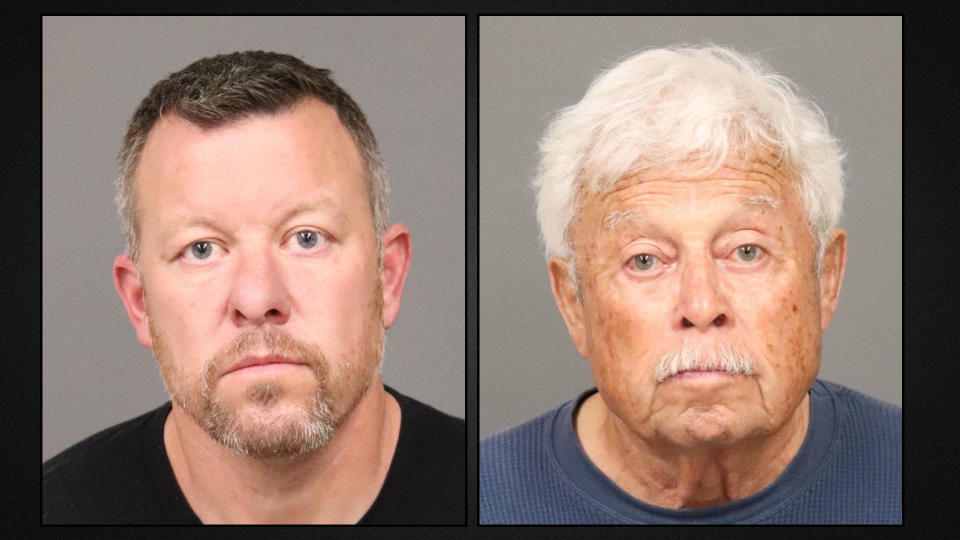 Paul Flores and his father, Ruben, seen in booking photos on Tuesday, April 13, 2021. / Credit: San Luis Obispo County Sheriff's Office