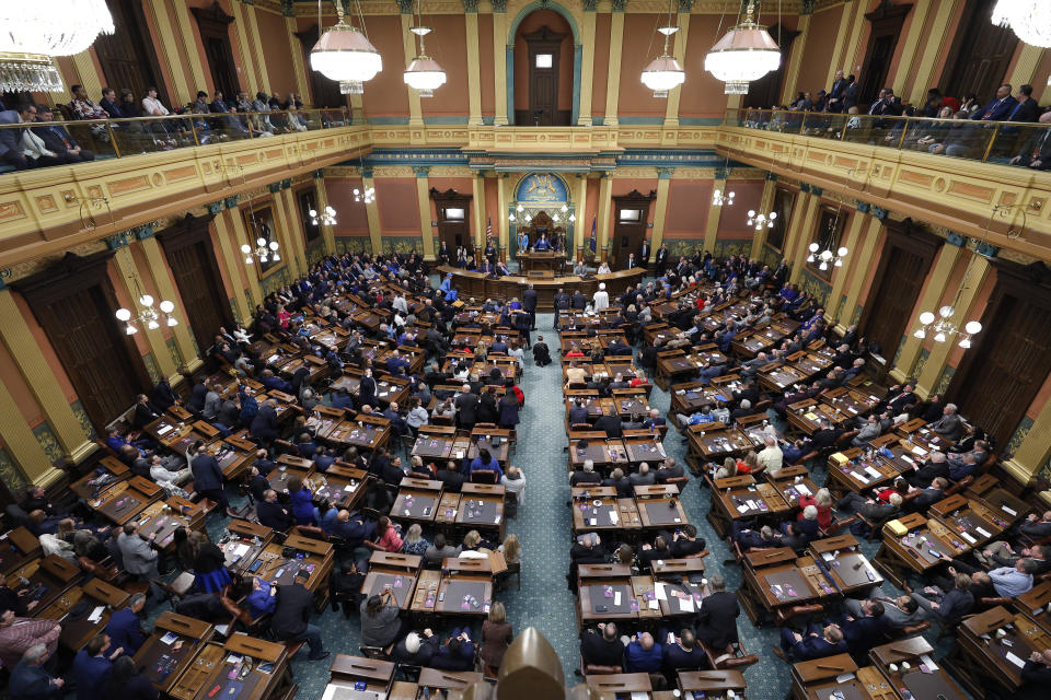 Michigan Gov. Gretchen Whitmer delivers her State of the State address to a joint session of the House and Senate, Wednesday, Jan. 24, 2024, at the state Capitol in Lansing, Mich. (AP Photo/Al Goldis)