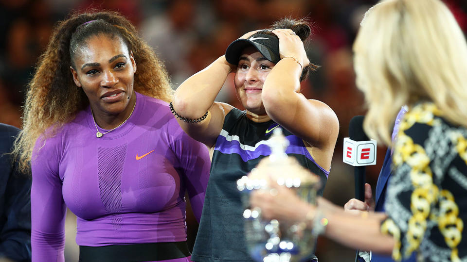 Serena Williams watches as Bianca Andreescu is crowned US Open champion.