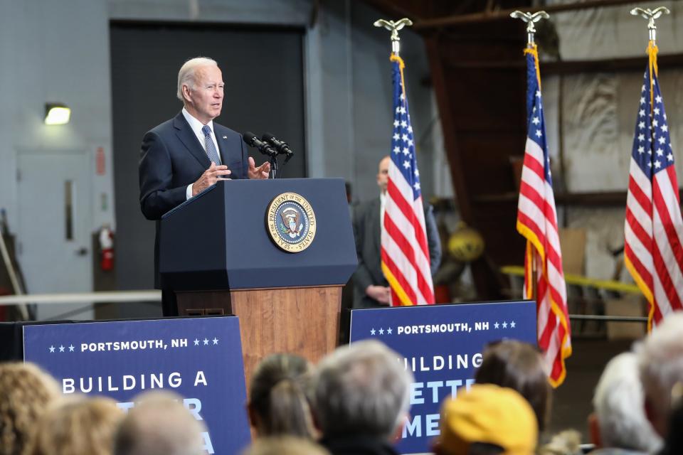 PORTSMOUTH, NH - APRIL 19:  U.S. President Joe Biden delivers remarks on the bipartisan infrastructure law on April 19, 2022 in Portsmouth, New Hampshire.  (Photo by Scott Eisen/Getty Images) ORG XMIT: 775801649 ORIG FILE ID: 1240091440