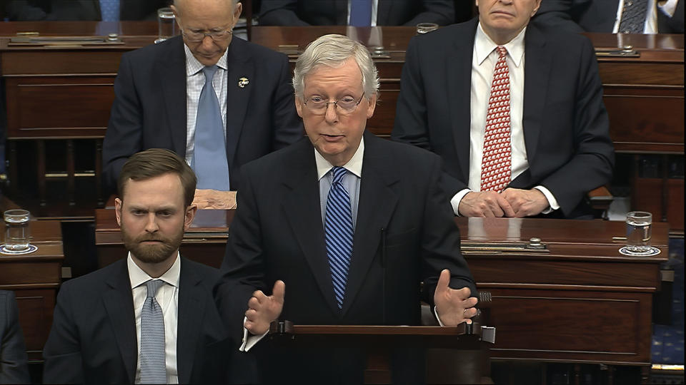 Senate Majority Leader Mitch McConnell speaks on the Senate floor about the impeachment trial against President Donald Trump in February.