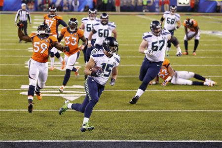 Seattle Seahawks Jermaine Kearse scores a touchdown during the third quarter in the NFL Super Bowl XLVIII in East Rutherford, New Jersey