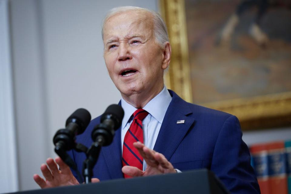 US President Joe Biden speaks from the Roosevelt Room of the White House