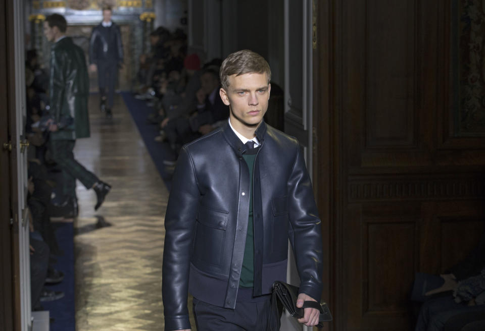 A model wears a creation by fashion designers Maria Grazia Chiuri and Pier Paolo Piccioli for Valentino, as part of their presentation for the men's Spring Summer 2013 Haute Couture fashion collection presented in Paris, Wednesday, Jan. 16 2013. (AP Photo/ Jacques Brinon)