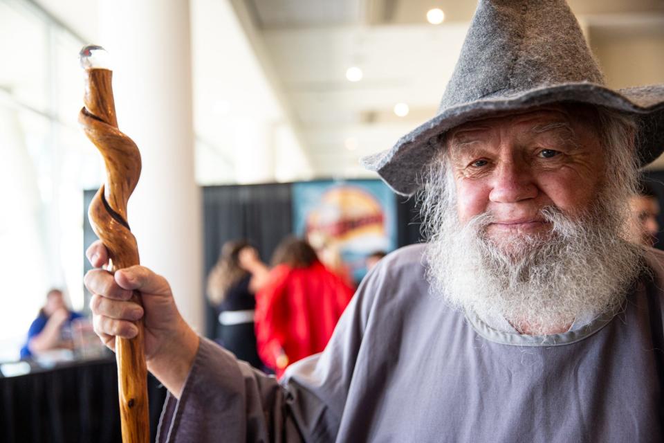 Mike Jeffords, of Corpus Christi, dressed as Gandalf the Grey, poses for a photo at Corpus Christi Comic Con in the American Bank Center on Friday, July 28, 2023.