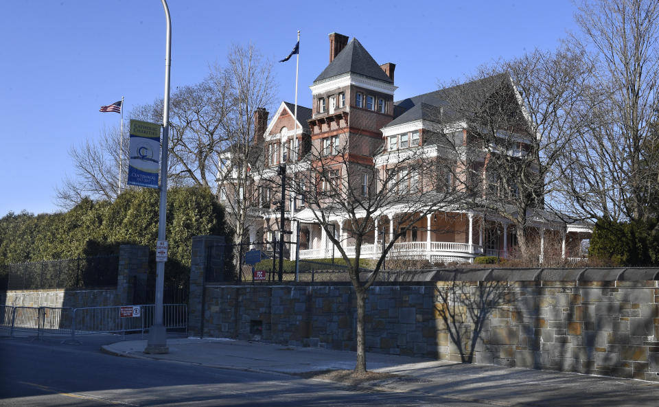 FILE - The New York state executive mansion sits under clear blue skies, Saturday, March 13, 2021, in Albany, N.Y. A staffer who has accused New York Gov. Andrew Cuomo of groping her at the executive mansion said the governor slammed the door of his office and told her "I don't care" after she protested, according to an interview published Wednesday. (AP Photo/Hans Pennink, File)