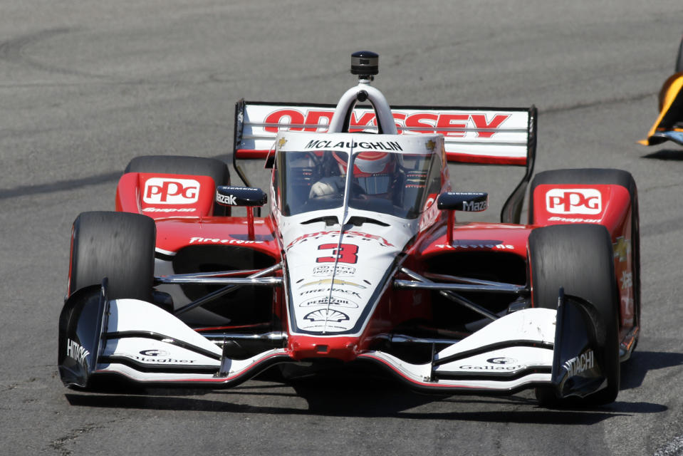 Scott McLaughlin competes during an IndyCar auto race at Mid-Ohio Sports Car Course in Lexington, Ohio, Sunday, July 3, 2022. (AP Photo/Tom E. Puskar)