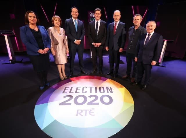 Party leaders take to the stage for the seven-way RTE leaders' debate at the National University of Ireland Galway campus