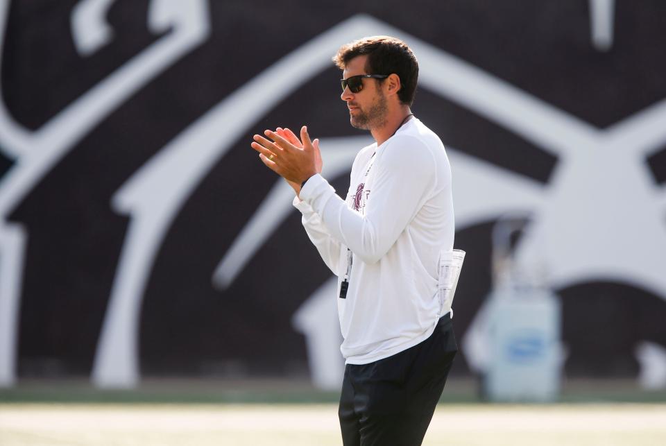 Missouri State Bears Football Coach Ryan Beard during practice at Plaster Field on Saturday, Aug. 19, 2023.