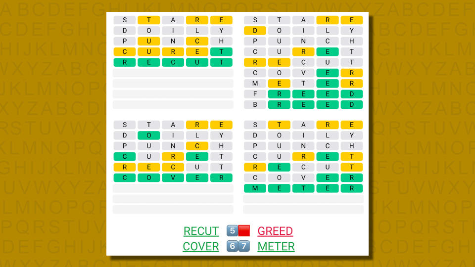 Quordle answers for game 595 on a yellow background