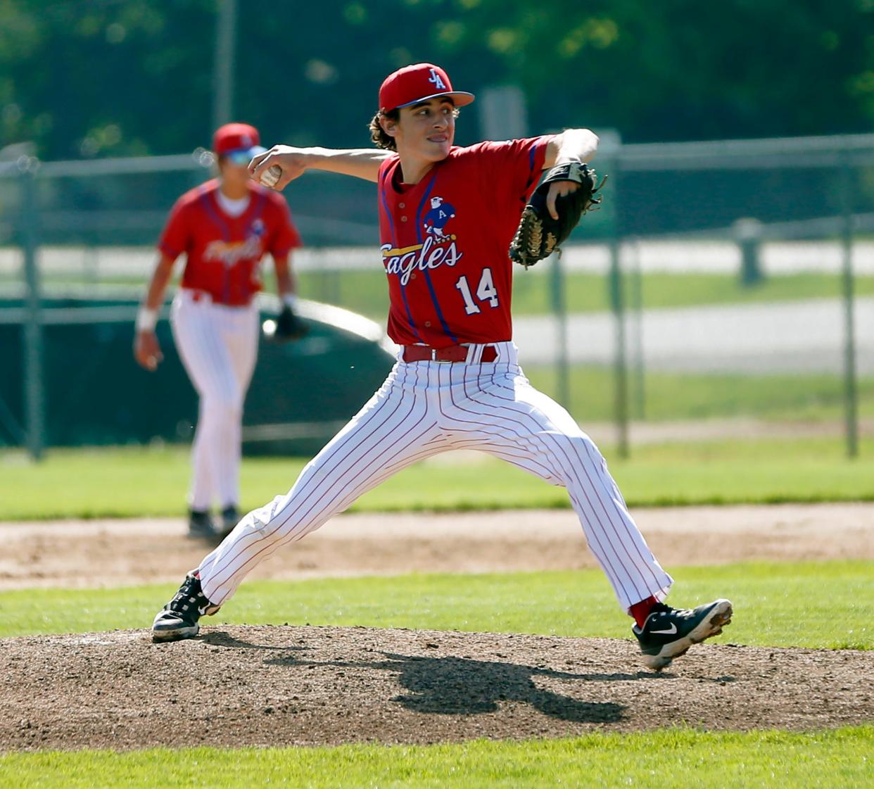 Adams junior Aidan Micinski throws a pitch during a baseball game against Concord Saturday, May 4, 2024, at Concord High School in Dunlap.