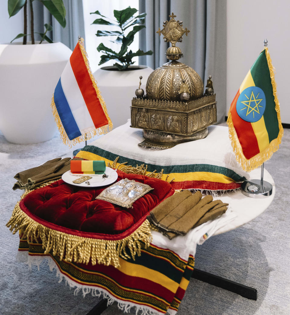 An ancient crown that was taken from Ethiopia many years ago is seen in this photo taken inside the office of Abiy Ahmed Ethiopian Prime Minister, Thursday Feb. 20, 2020. The 18th Century Ethiopian crown has been returned home after being hidden in a Dutch flat for the past 21-years. (The Office of Prime Minister Abiy Ahmed via AP)