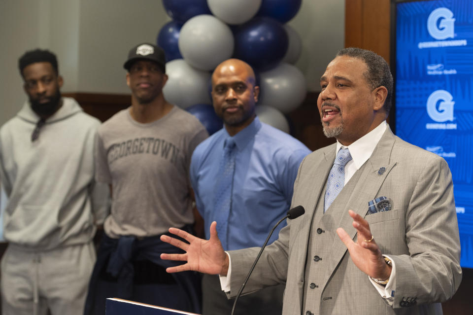 New Georgetown NCAA college basketball head coach Ed Cooley speaks during an introductory press conference in Washington, Wednesday, March 22, 2023. (AP Photo/Cliff Owen)