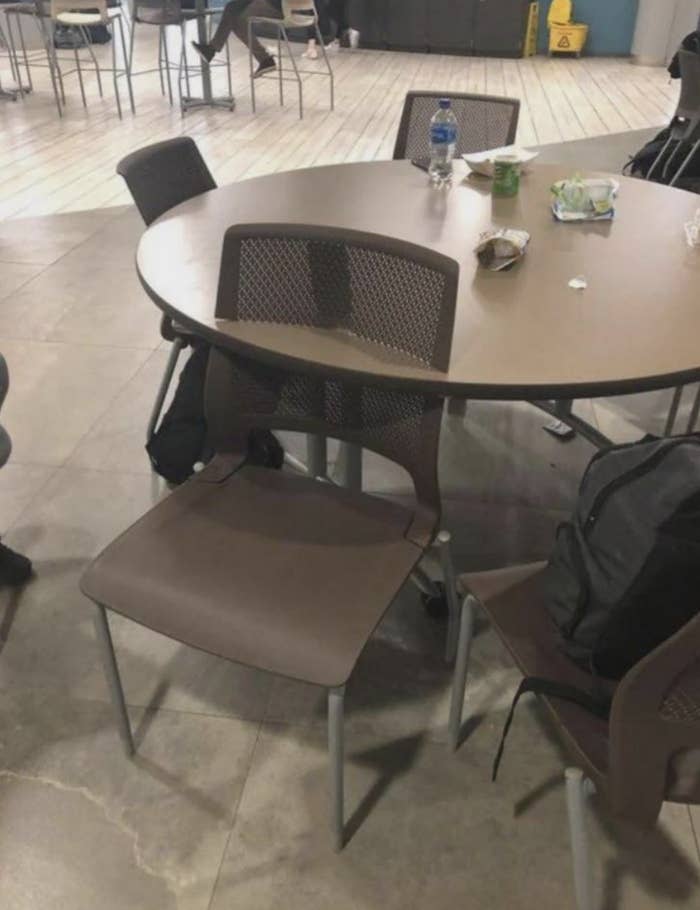 Empty round table with brown chairs, backpacks on the floor and table, water bottle, face mask, and food containers