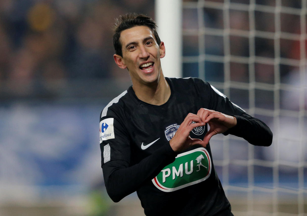 Soccer Football – Coupe de France – Sochaux v Paris St Germain – Stade Auguste Bonal, Sochaux, France – February 6, 2018 Paris Saint-Germain’s Angel Di Maria celebrates a goal REUTERS/Vincent Kessler