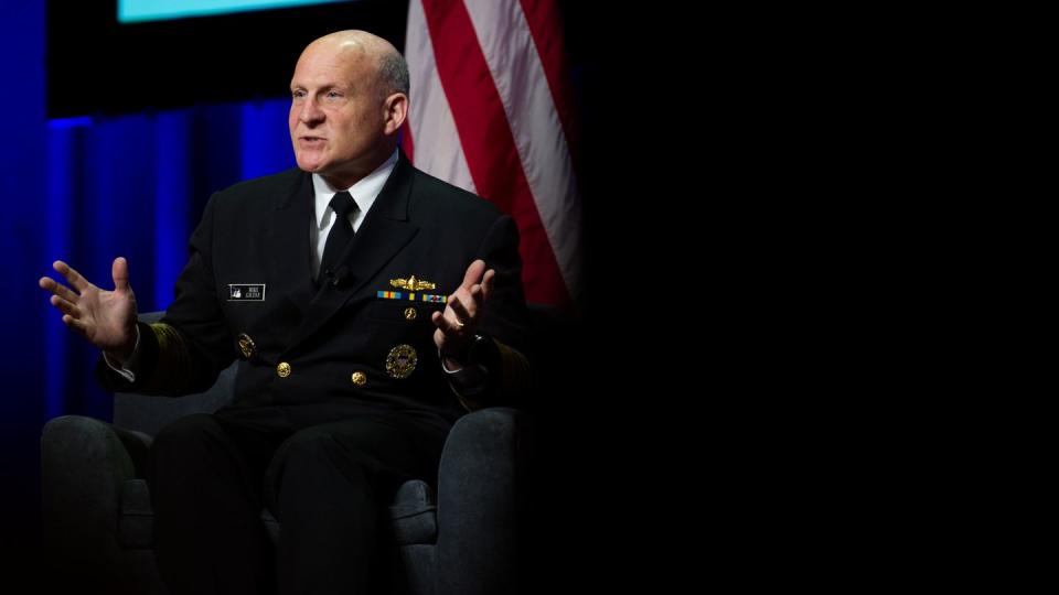 Chief of Naval Operations Adm. Mike Gilday speaks at the Sea-Air-Space conference in National Harbor, Md., on April 3, 2023. (Colin Demarest/Staff)