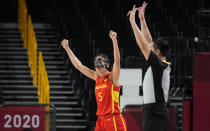 Spain's Cristina Ouvina (5) celebrates during women's basketball preliminary round game against Canada at the 2020 Summer Olympics, Sunday, Aug. 1, 2021, in Saitama, Japan. (AP Photo/Eric Gay)