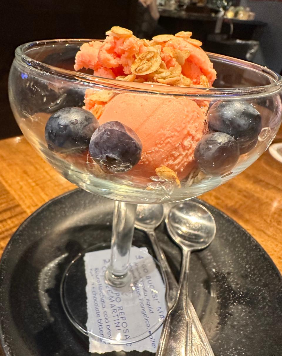 This blood orange sorbet is a refreshing ending to your meal at Table Six Kitchen + Bar.