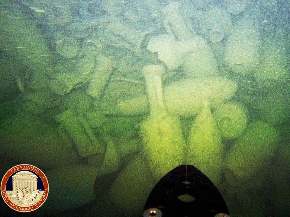 Some of the amphorae found in the wreck (Carabinieri via Reuters)