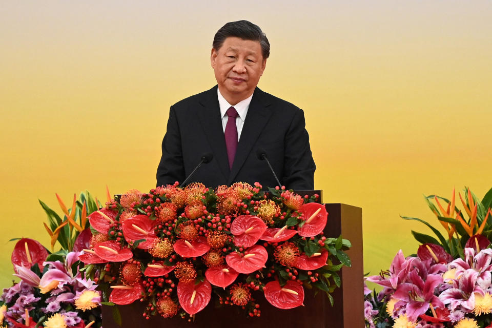 China's President Xi Jinping delivers a speech following a swearing-in ceremony to inaugurate the city's new leader and government, on the 25th anniversary of the former British colony's handover to Chinese rule, in Hong Kong, China July 1, 2022. Selim Chtayti/Pool via REUTERS