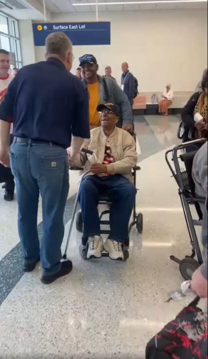 World War II veteran Robert Holt, 106, arrives at Gerald R. Ford International Airport for the Mid-Michigan Honor Flight. (May 7, 2024)