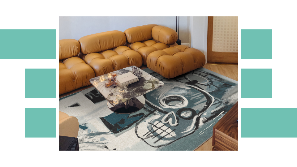 Basquiat's famous skull design in teal and gray goes with all kinds of room color schemes.