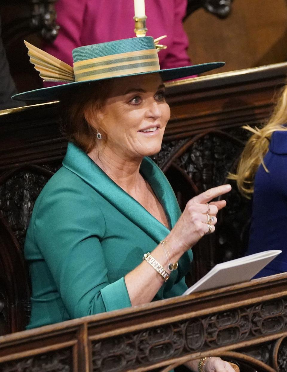 <p>Maybe <a href="https://www.goodhousekeeping.com/life/a23731030/sarah-ferguson-princess-eugenie-wedding-dress/" rel="nofollow noopener" target="_blank" data-ylk="slk:Sarah Ferguson’s hat;elm:context_link;itc:0" class="link ">Sarah Ferguson’s hat</a> <em>was </em>a little wild at Princes Eugenie’s royal wedding, but the sweetest gesture ever was her tribute to her two daughters, Princesses Beatrice and Eugenie. The mother of the bride wore a <a href="https://www.goodhousekeeping.com/beauty/fashion/a23890165/sarah-ferguson-eugenie-bracelet-jewelry-royal-wedding/" rel="nofollow noopener" target="_blank" data-ylk="slk:gorgeous bangle with her daughter’s names;elm:context_link;itc:0" class="link ">gorgeous bangle with her daughter’s names</a> written in diamonds. Dare we say it? Who cares what else you’re wearing when you’ve got that kind of Mom bling on your wrist?</p>