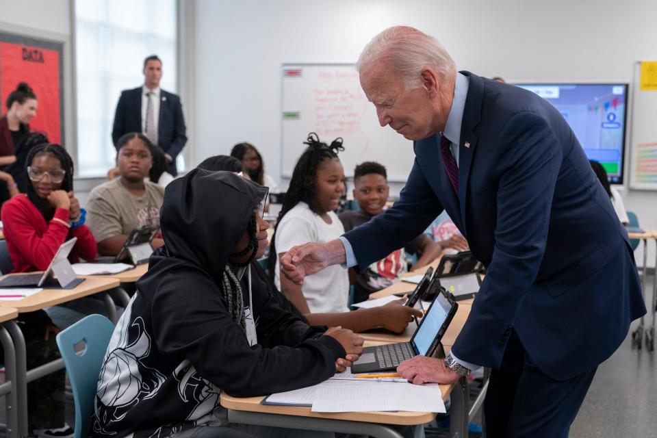 President Joe Biden greets students at Eliot-Hine Middle School in Washington, Monday, Aug. 28, 2023. It was probably meant to distract us from his nefarious plot to steal all our beer.