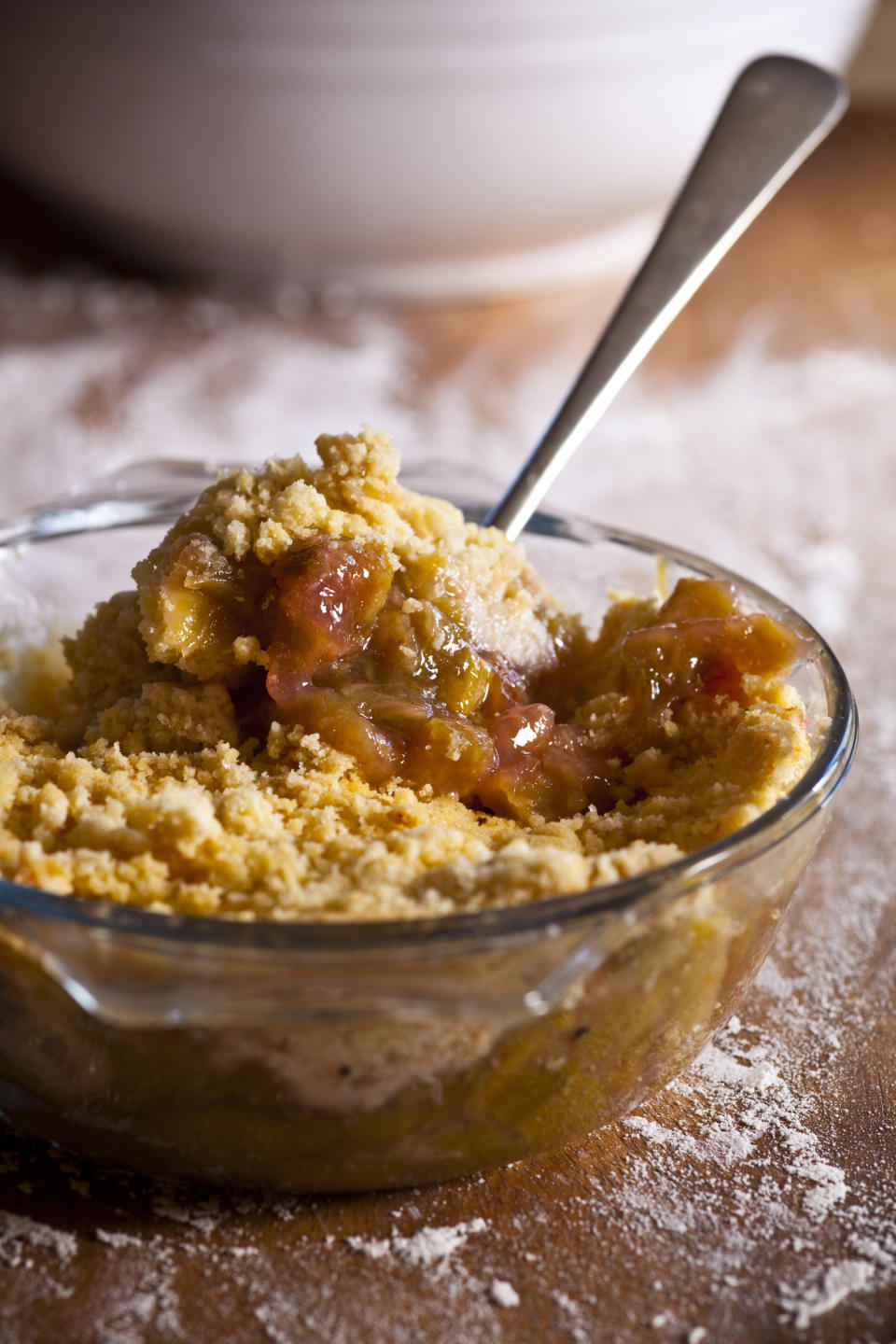 A rhubarb crumble in a bowl.