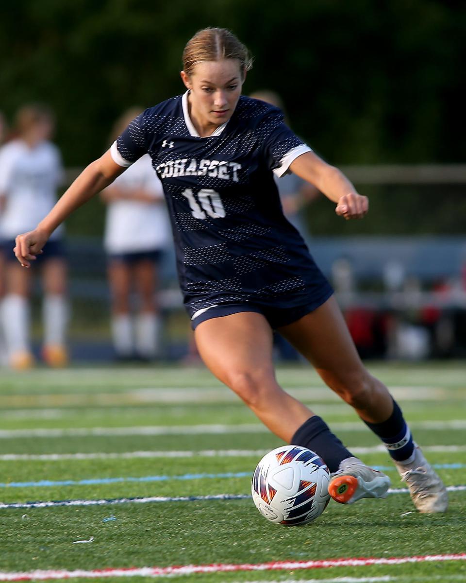 Cohasset's Tess Barrett looks to go on the attack during second half action of their game at Cohasset High School on Wednesday, Sept. 27, 2023. Cohasset would go on to win 4-1.