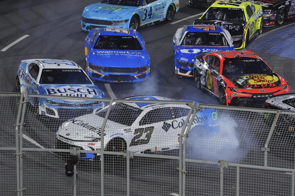Bubba Wallace (23) spins out during the Busch Light Clash NASCAR exhibition auto race at Los Angeles Memorial Coliseum Saturday, Feb. 3, 2024, in Los Angeles. (AP Photo/Mark J. Terrill)