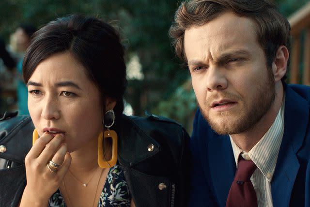 <p>RLJE Films/Courtesy Everett Collection</p> Maya Erskine and Jack Quaid in 'Plus One'