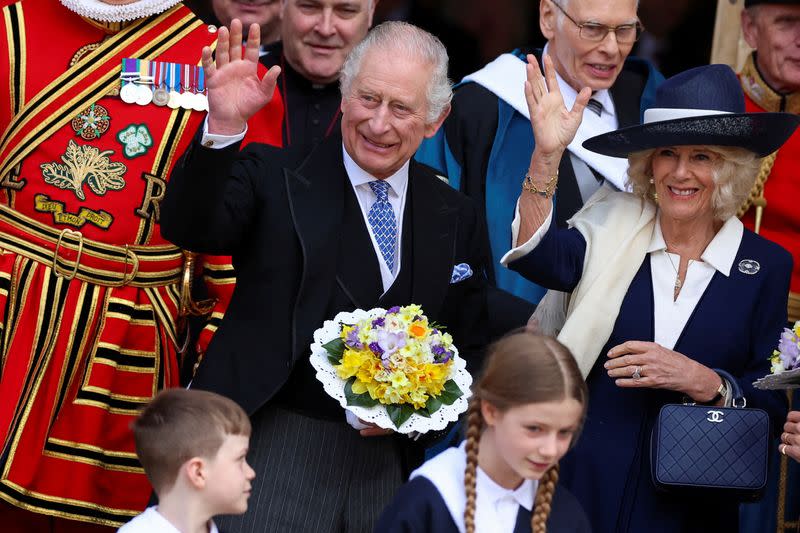 Britain's King Charles and Camilla, Queen Consort attend the Maundy Thursday Service at York Minster