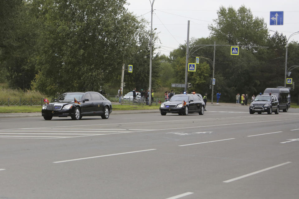 Motorcade of North Korea's leader Kim Jong Un arrives at the railway station before he leaves Komsomolsk-on-Amur, about 6,200 kilometers (3,900 miles) east of Moscow, in the Russian Far Eastern Amur region, on Friday, Sept. 15, 2023. (AP Photo)