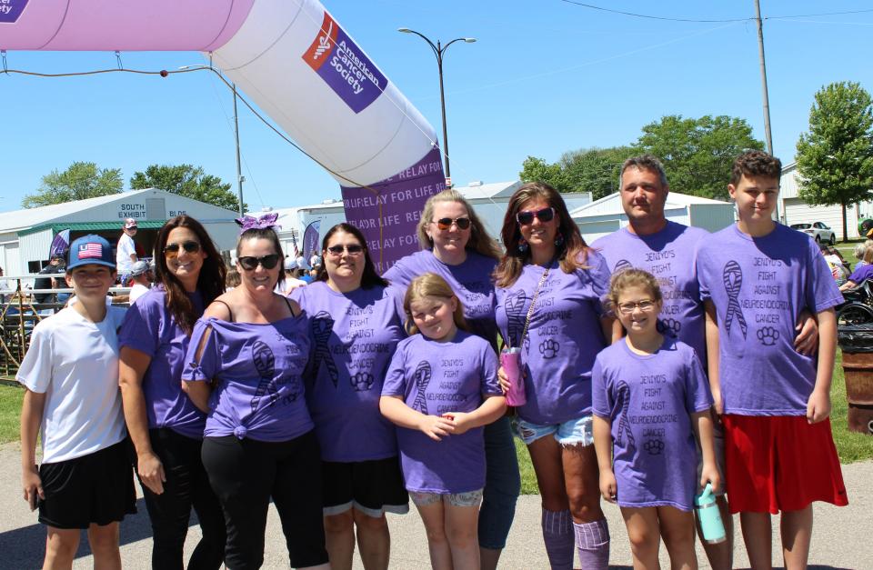 With the support of family and friends, cancer survivor and fighter Jeni Peterson (third from the right) participated in this year’s Relay for Life for Monroe County. Eight years ago, Peterson was diagnosed with neuroendocrine cancer, a rare cancer that can develop anywhere endocrine cells are present.