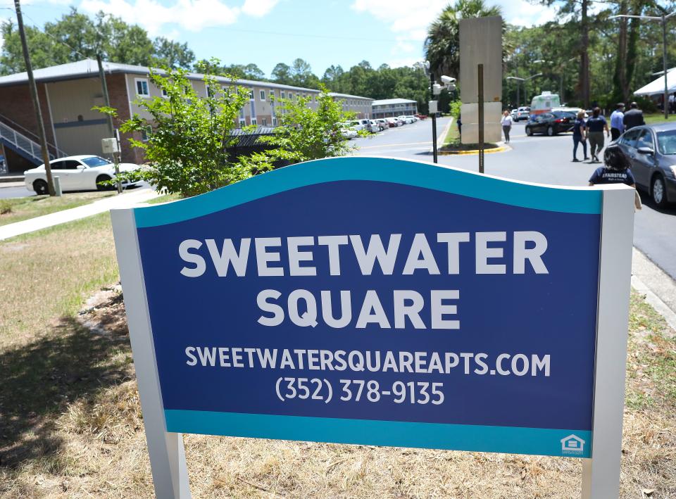 A sign outside the newly renovated Sweetwater Square apartments in Gainesville.