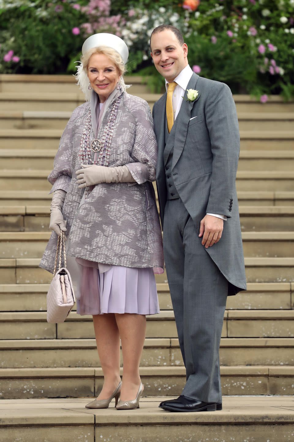 <p>The bride's mother, Princess Michael of Kent, and brother, Lord Frederick Windsor, arrive together. </p>